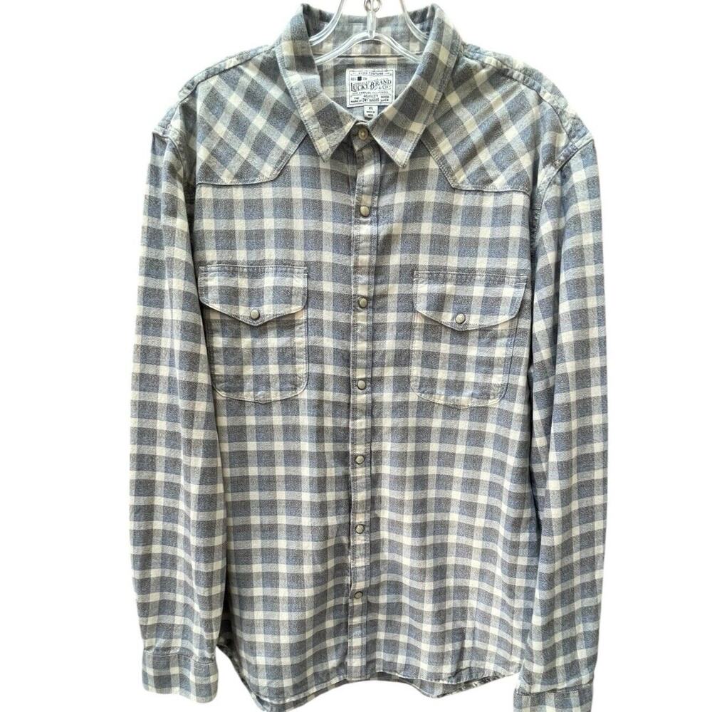 Lucky Brand Mens XL Blue Checkered‎ Pearl Snaps Front Western Shirt Pockets